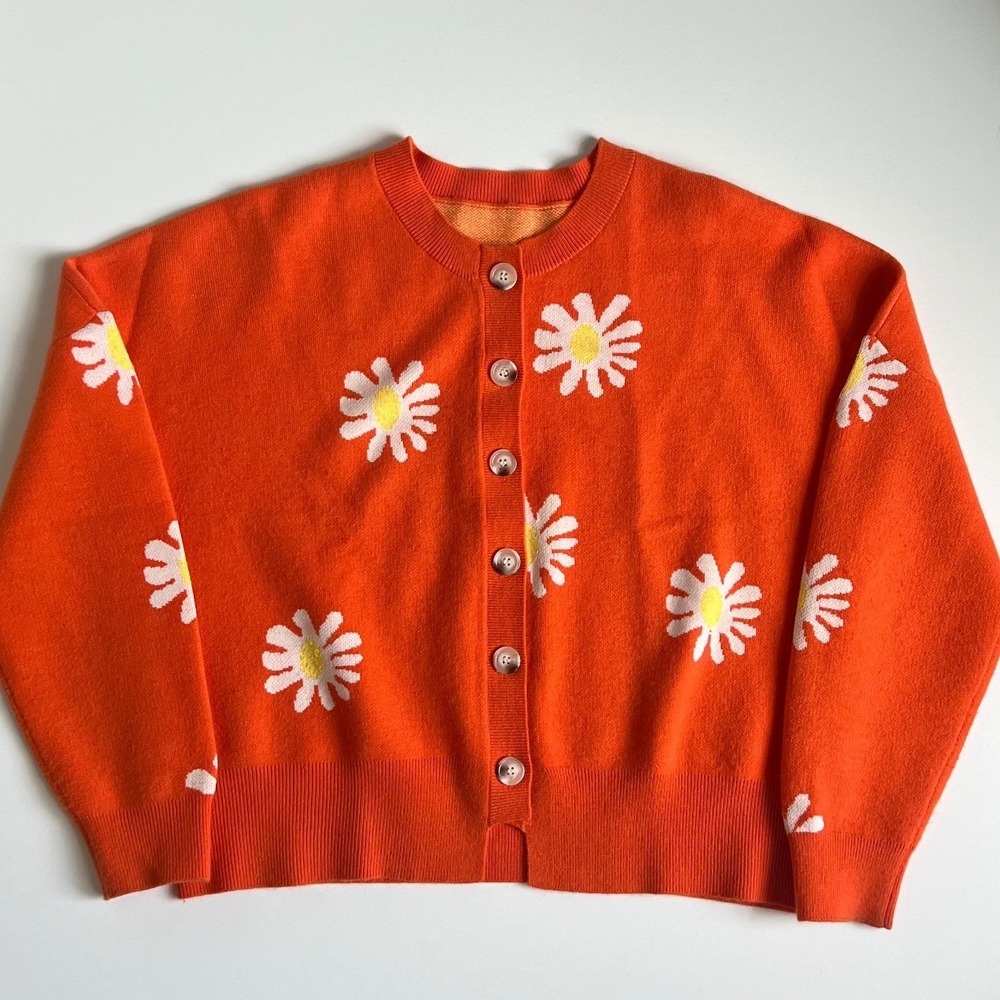 Orange Daisy Floral Knit Cardigan Sweater Crew Neck Button Front XL